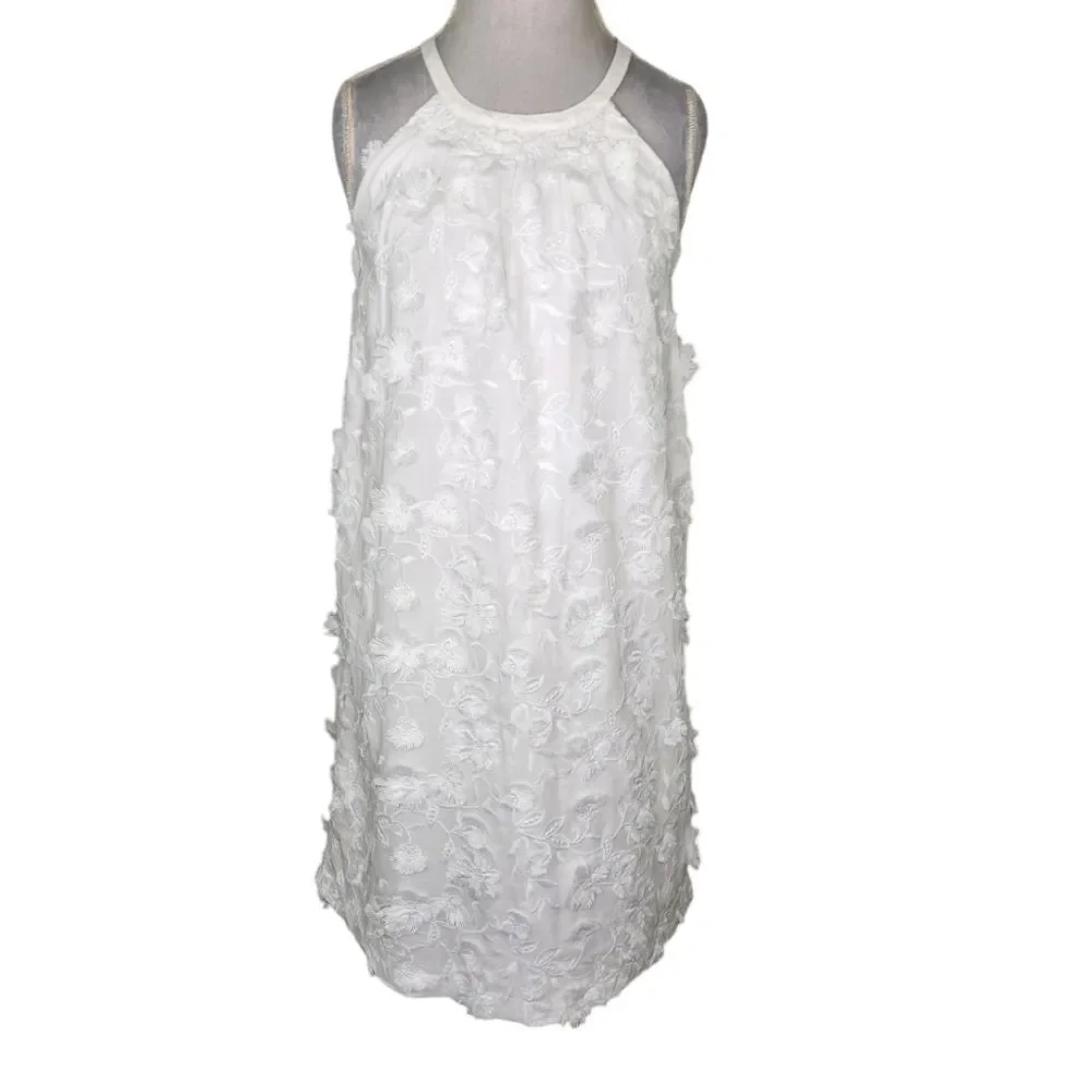 Ann Taylor White High Neck Halter Floral Applique' Mini A Line Dress Size M/L - Picture 2 of 12